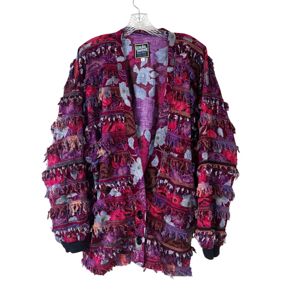 Vtg 80s Paula Sweet Muslim Minx Cardigan Womens Large Red Floral Fringe Boho USA